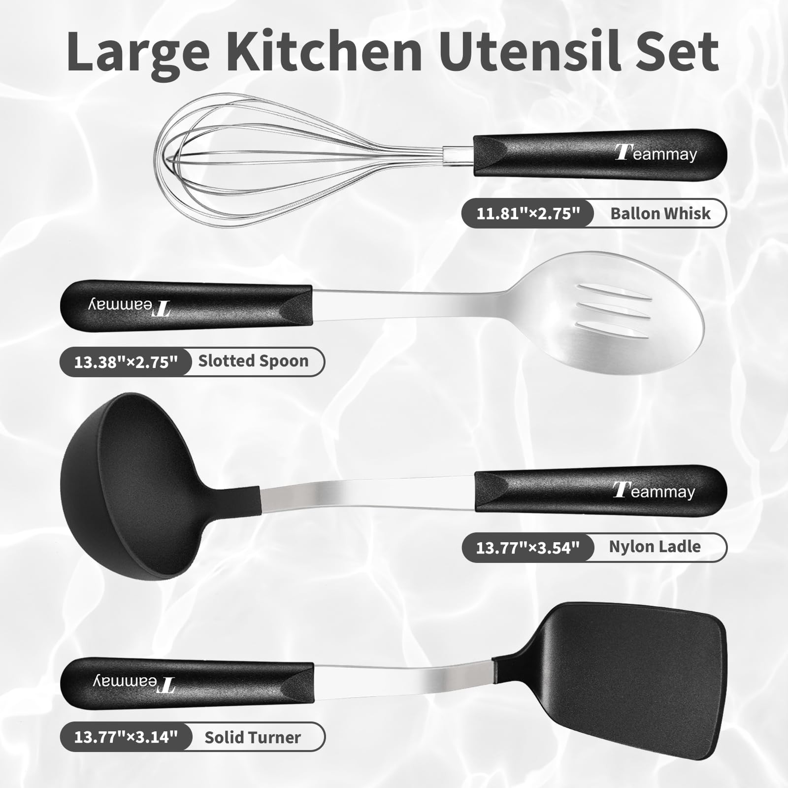 4-teiliges Kochutensilien-Set, Edelstahl-Löffel, Schneebesen, Küchenutensilien, 34,9 cm, massiver Pfannenwender, Schöpfkelle, hitzebeständiger PP-Griff zum Wenden, Mischen, Servieren (schwarz)