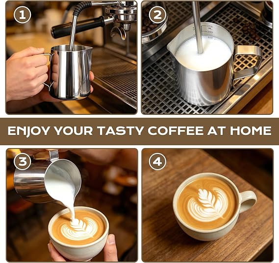 Milk Frothing Pitcher – Milk Jug for Coffee Machine with Clear Markings & Decorating Pen, Stainless Steel,Milk Frother Jug & Steamer Cup for Latte Art, Home or Café（350ml ）