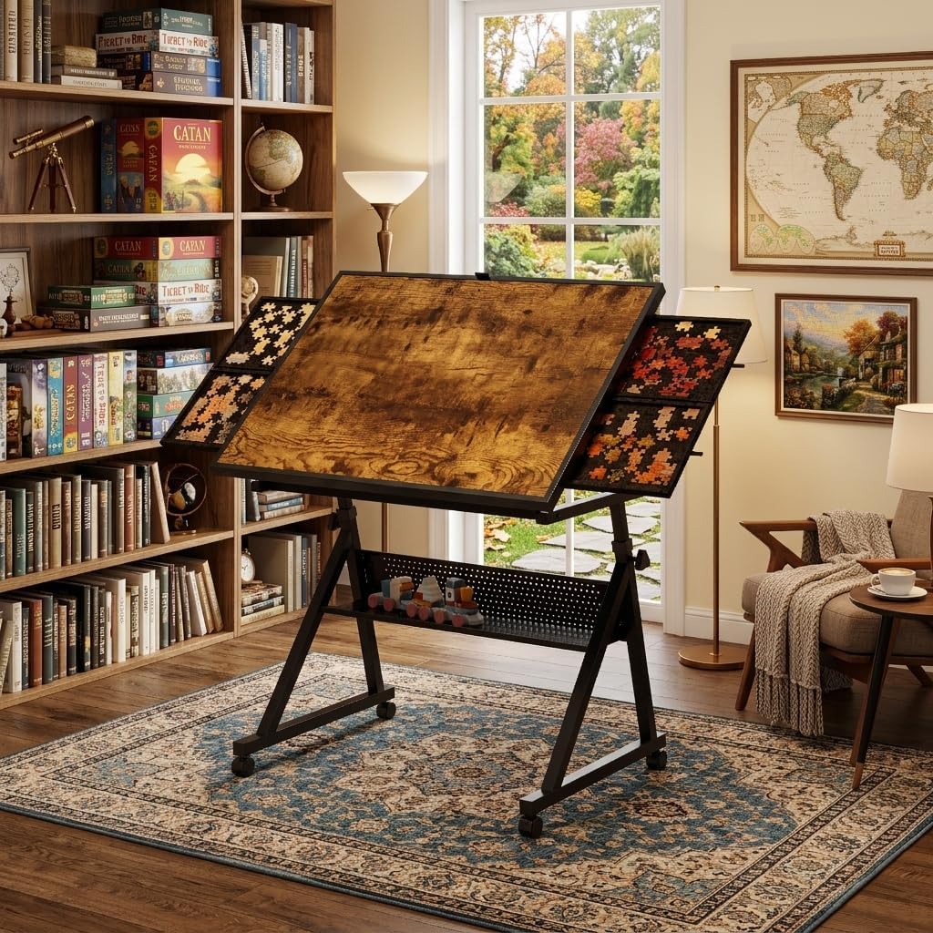 XEW 1500 Piece Jigsaw Puzzle Table for Adults with Adjustable Height & Angle, 4 Felt Storage Trays, Protective Wooden Cover, and Mobile Wheels, Black