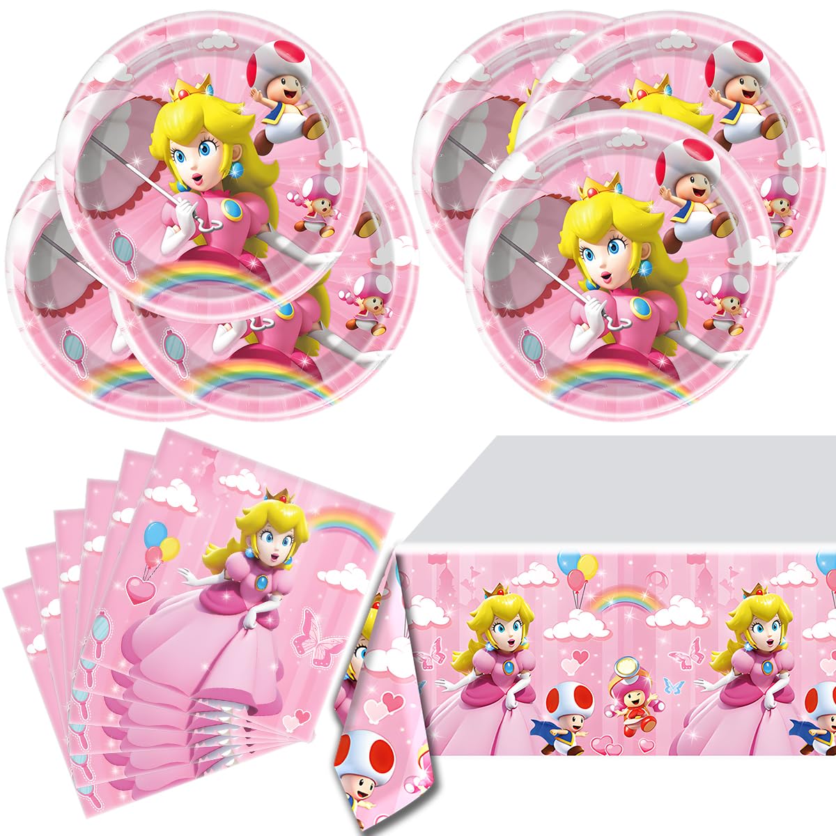Peach Princess party supplies,20 plate+ 20 Paper towel + 1 tablecloths, used for the Princess Peach birthday decoration