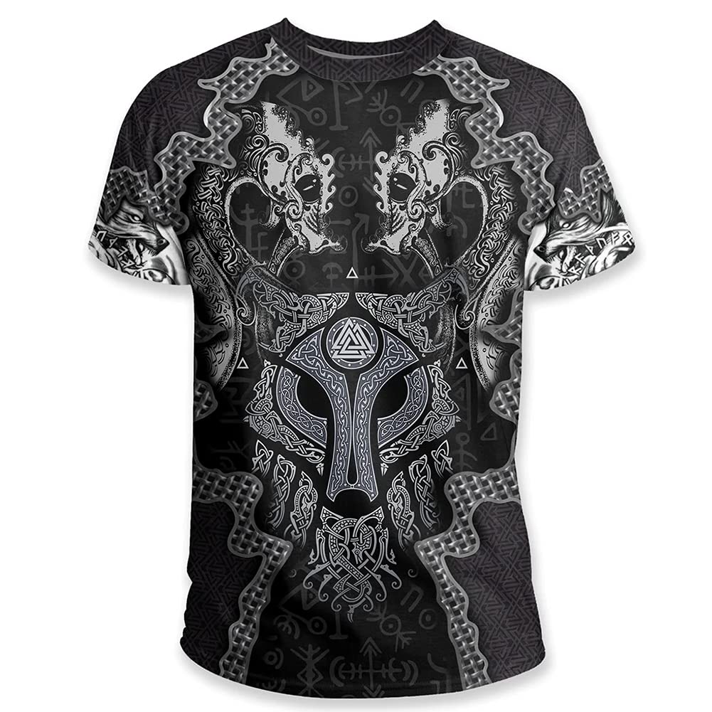 T-Shirt Viking Homme Odin Loup Fenrir Impression 3D Tatouage Nordique Noir XS