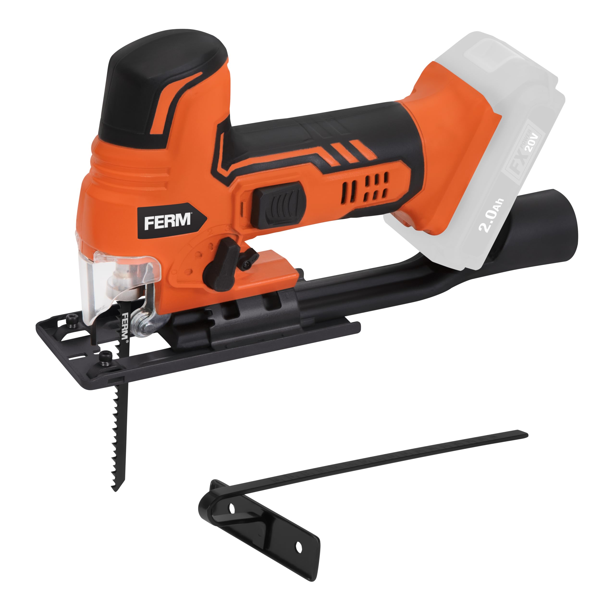 FERM Scie sauteuse sans fil 20V – Compatible AX/FX-Power, 4 positions pendulaires, vitesse variable 1000-2300 tr/min, Lames pour bois et métal incluses, Sans batterie ni chargeur