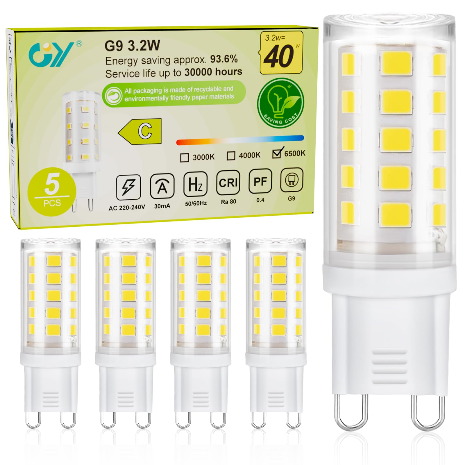 GY GY G9 LED Bulbs,3.2W Cool White 6500K Energy Saving Light Bulbs,Equivalent to 40W,520 Lumen No Flicker, Not Dimmable for Home Lighting Decor,5 Pack