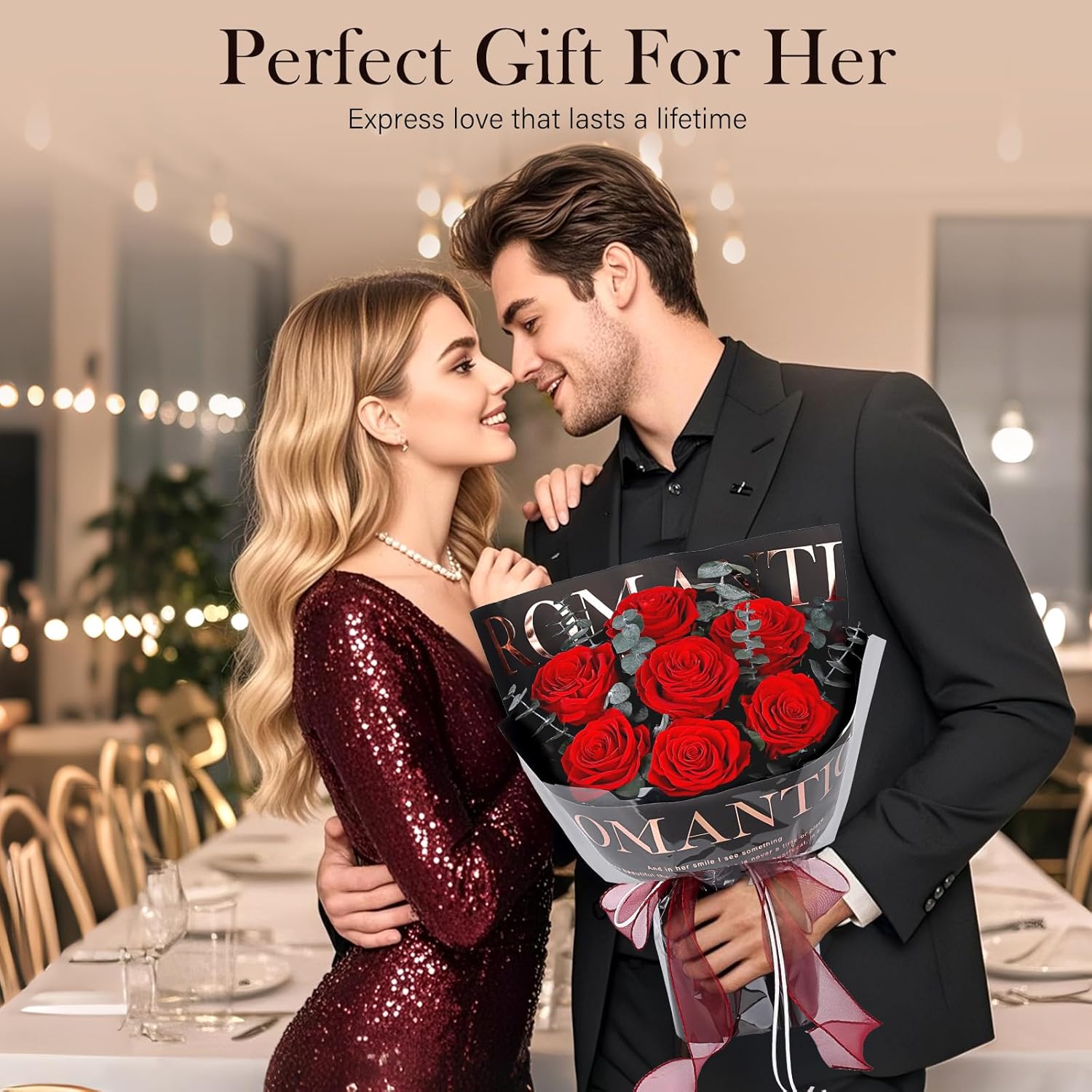 Preserved Flowers Bouquet 7 Roses - Red Real Rose & Flowers for Delivery, Eternal Roses Bouquet with Gift Box, Anniversary Birthday Valentines Gifts for Women Mom Grandma Her Wife Girlfriend, Black - Image 3