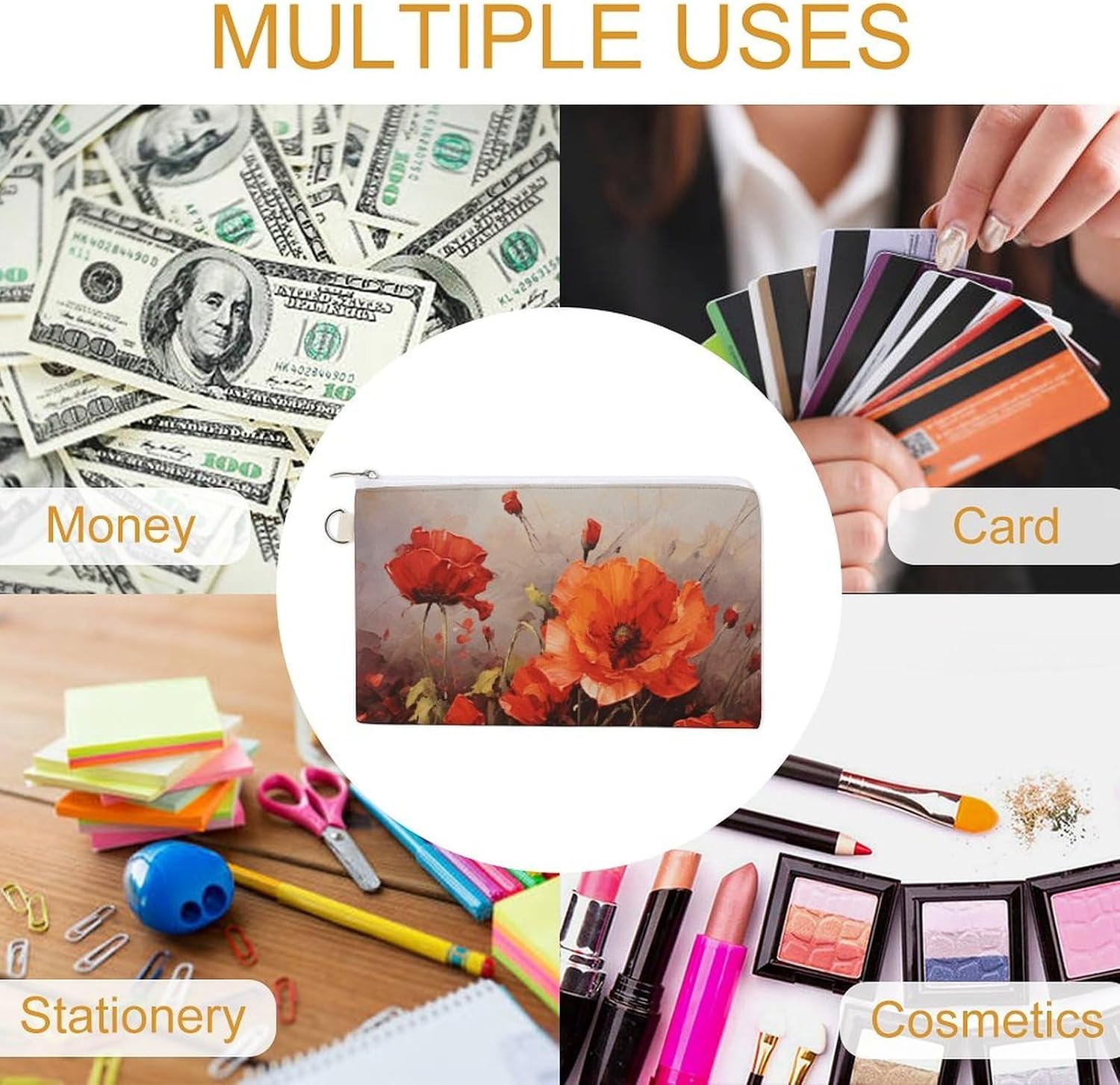 Oil Painting Red Flower Coin Purse Zero Wallet with Zipper Canvas Coin Pouch Change Purse Pouch Coin Wallet Coin Bag