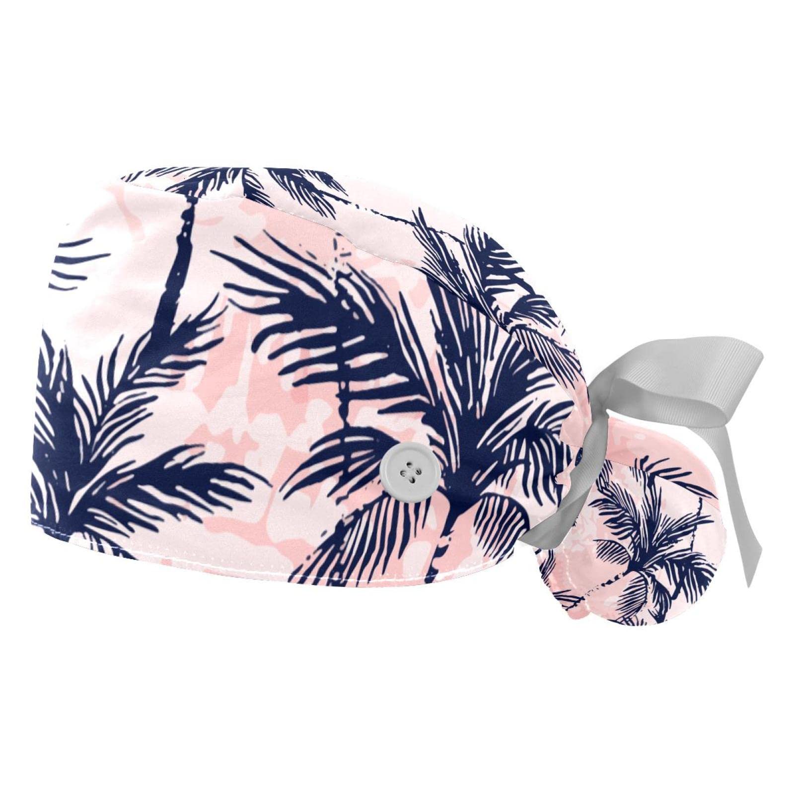 IROLSKDNFH 2 Pcs Working Cap with Button Abstract Tropics Palm Trees Pattern Adjustable Ponytail Pouch Hats for Women