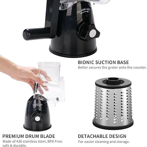 Miniatura 8 de JIUMEXES - Rallador giratorio de queso con manivela de mano con cuchillas 3 en 1, rallado rápido, seguro y sin esfuerzo, perfecto para queso,