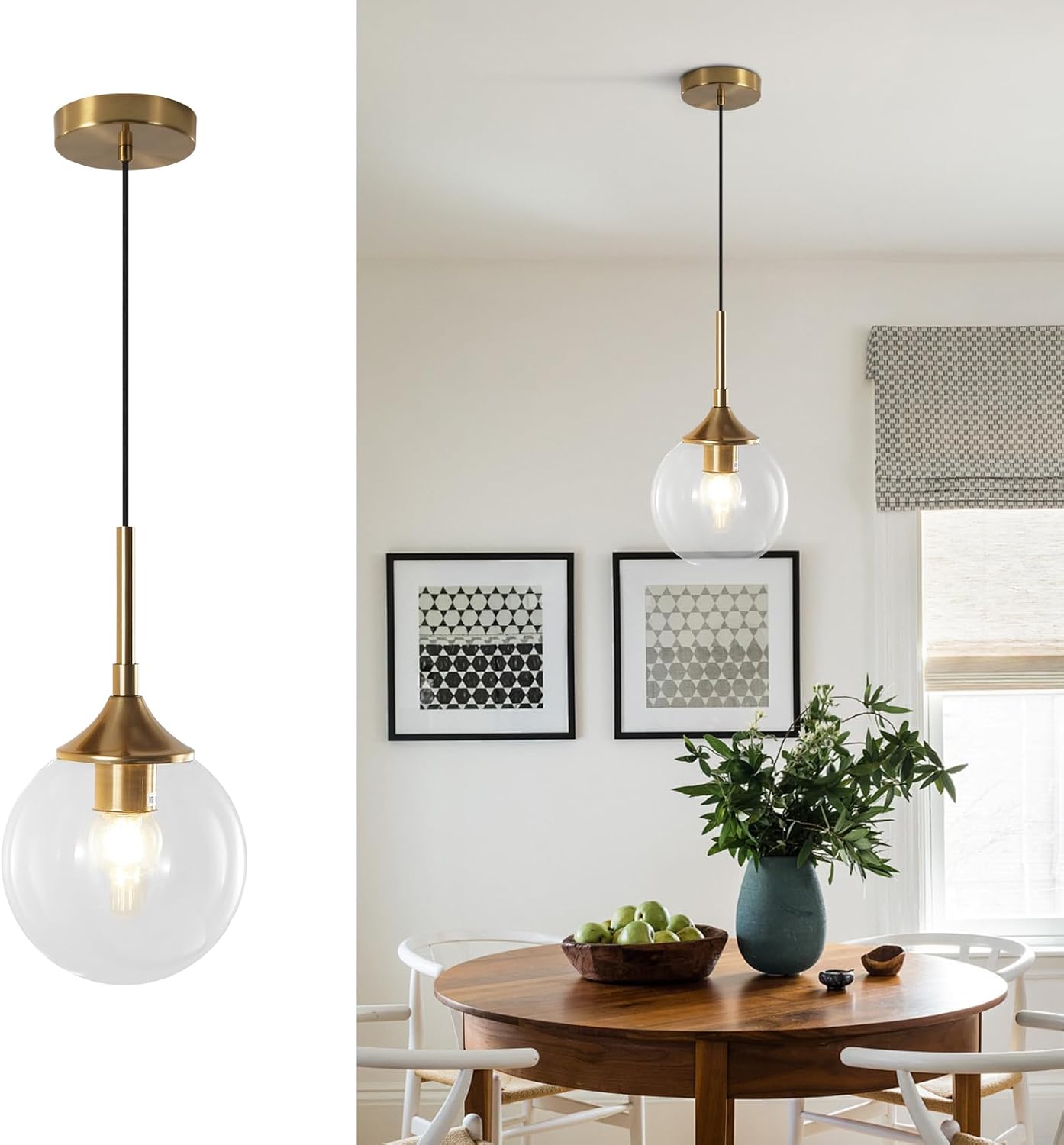 KCO Lighting Clear Globe Pendant Lights Kitchen Island Bubble Glass Pendant Lighting Gold Hanging Light Fixture Mid Century Modern Hanging Lamp for Living Room Dining Room