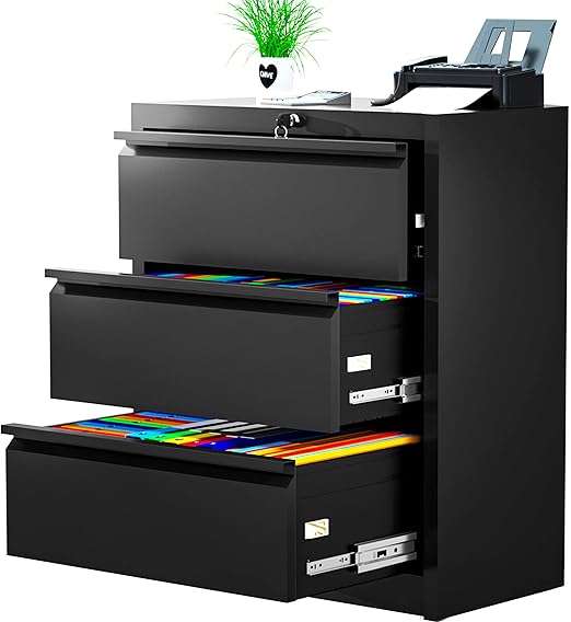 Greenvelly 3 Drawer File Cabinet with Lock Metal Lateral Filing Storage Cabinet for Home Office, Black Steel Lateral File Drawers, Wide File Cabinet Office Furniture for A4 Legal/Letter Size