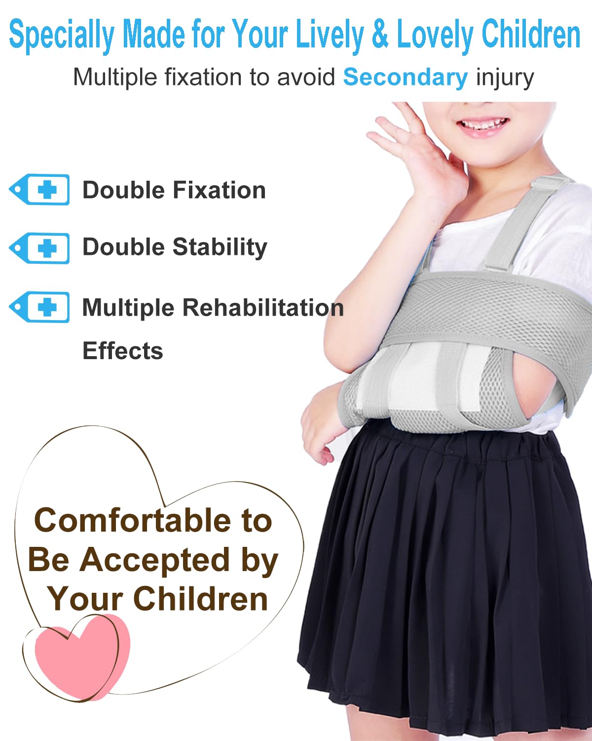 Kids Arm Sling, Breathable, Cool, Soft & Comfort, Adjustable, Toddler Children Pediatric Rotator Cuff, Elbow Support for Broken, Fractured Arm & Shoulder Injury, Medical Immobilizer Band(Grey) - Image 3