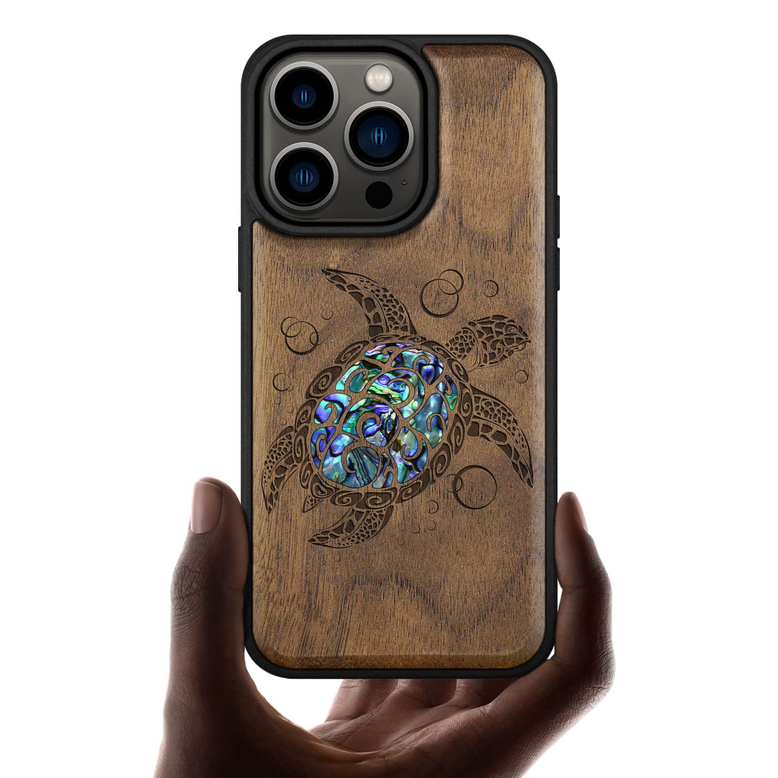 Carveit Designer Wooden Protective Case for iPhone 14 Pro Magnetic Case Cover [Wood Engraving & Shell Inlay] Compatible with 14 Pro MagSafe Case (Sea Turtle-Walnut)
