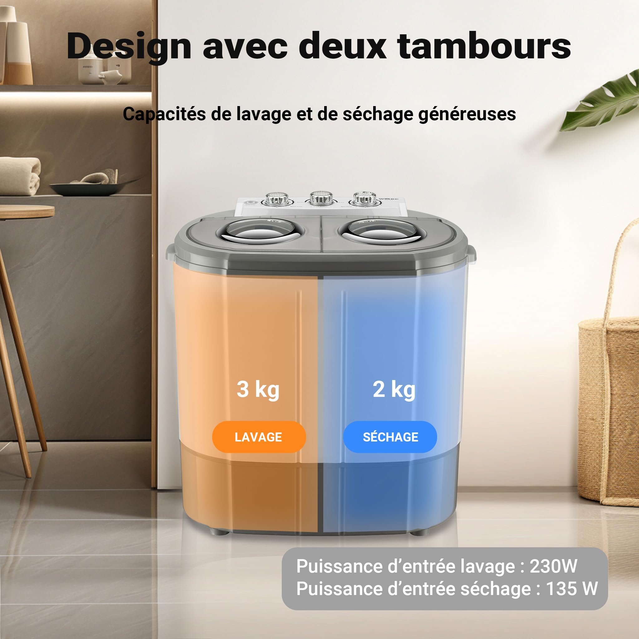 Wiltec Mini machine à laver et sèche-linge 60x36x60 cm 3 kg lavage 2 kg essorage 230/135 W pour camping voyage