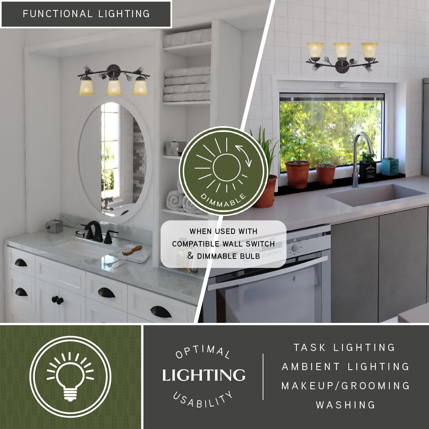 Sierra 3 Light Bronze Rustic Pinecone Bathroom Vanity Fixture