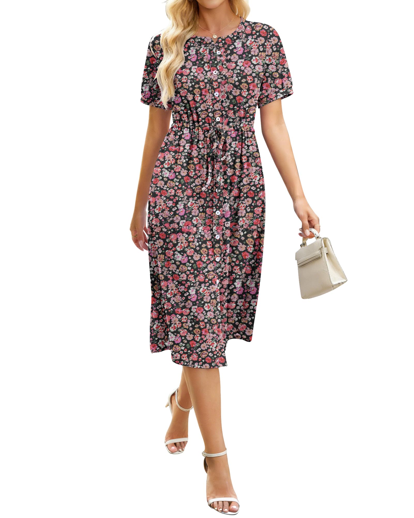 AUSELILY Damen Kurzarm Sommerkleid Knopfleisten Shirtkleid Rundhals Kordelzug Midikleid A-Linie Freizeitkleid Taschen