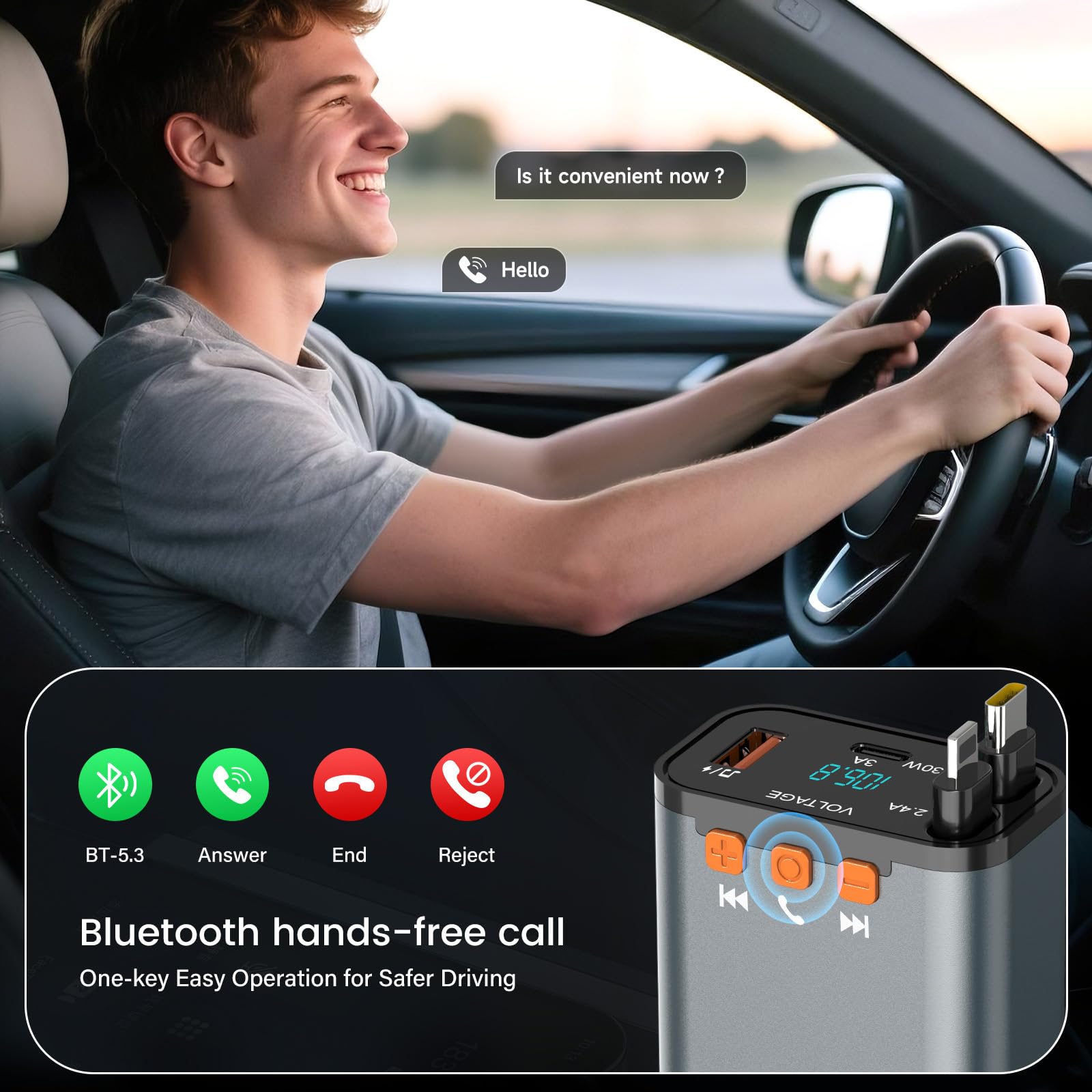 SEANCHEER Adapter Bluetooth do samochodu i zapalniczki samochodowej USB C, 69 W, ładowarka samochodowa z 2 zwijanymi kablami, transmiter FM