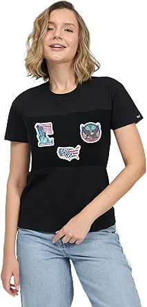 Black Velcro Patch Shirt for Women - M with Patriotic USA Flag Sticker Set, Customizable Velcro Patch Area for National Pride
