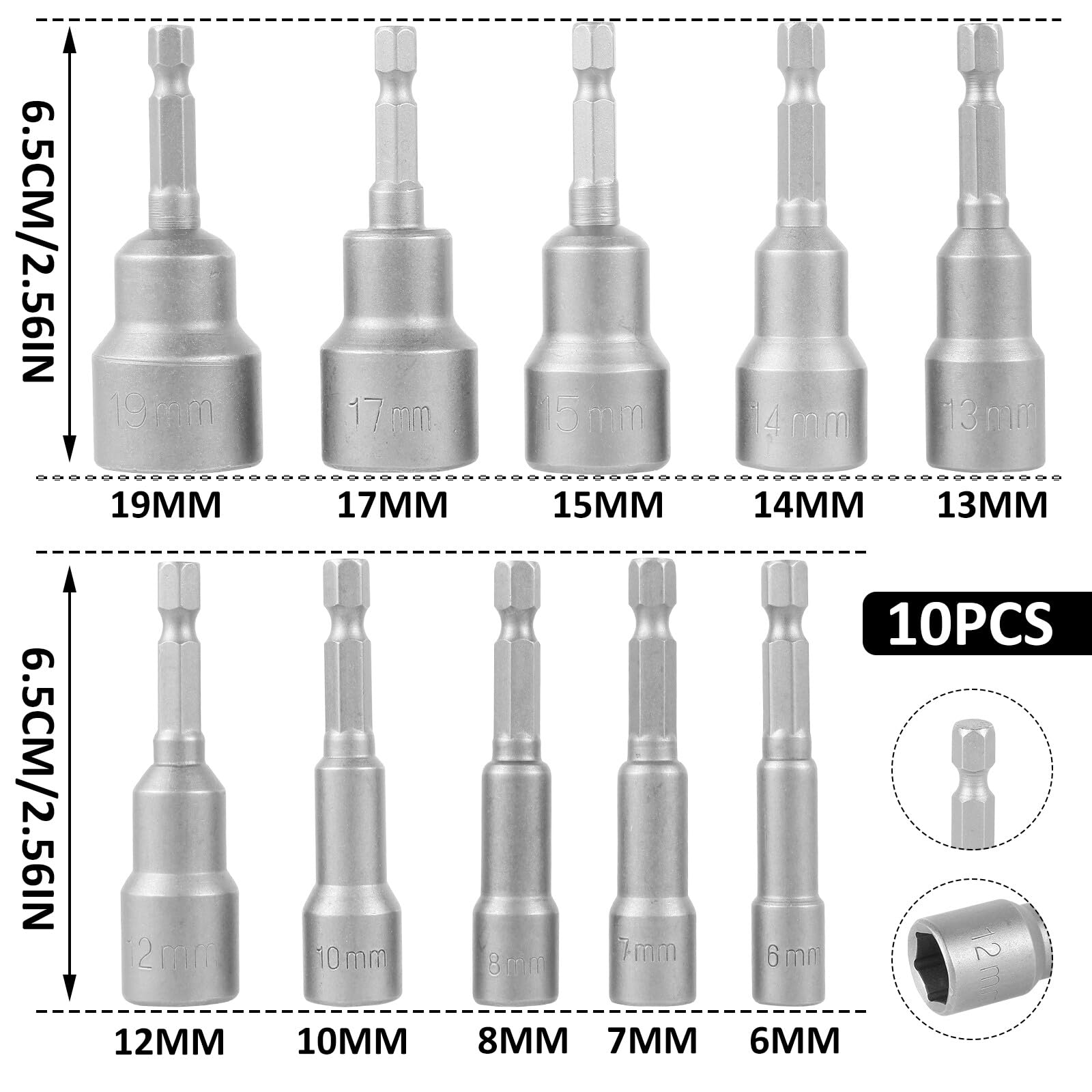 Anhoer 10Pcs Magnetic Hexagon Socket 6-19mm Hex Shank Nut Driver Set Hex Bit Set 1/4 Inch Magnetic Drill Bit Set Spanner Adapter for Electric Screwdriver - Image 2