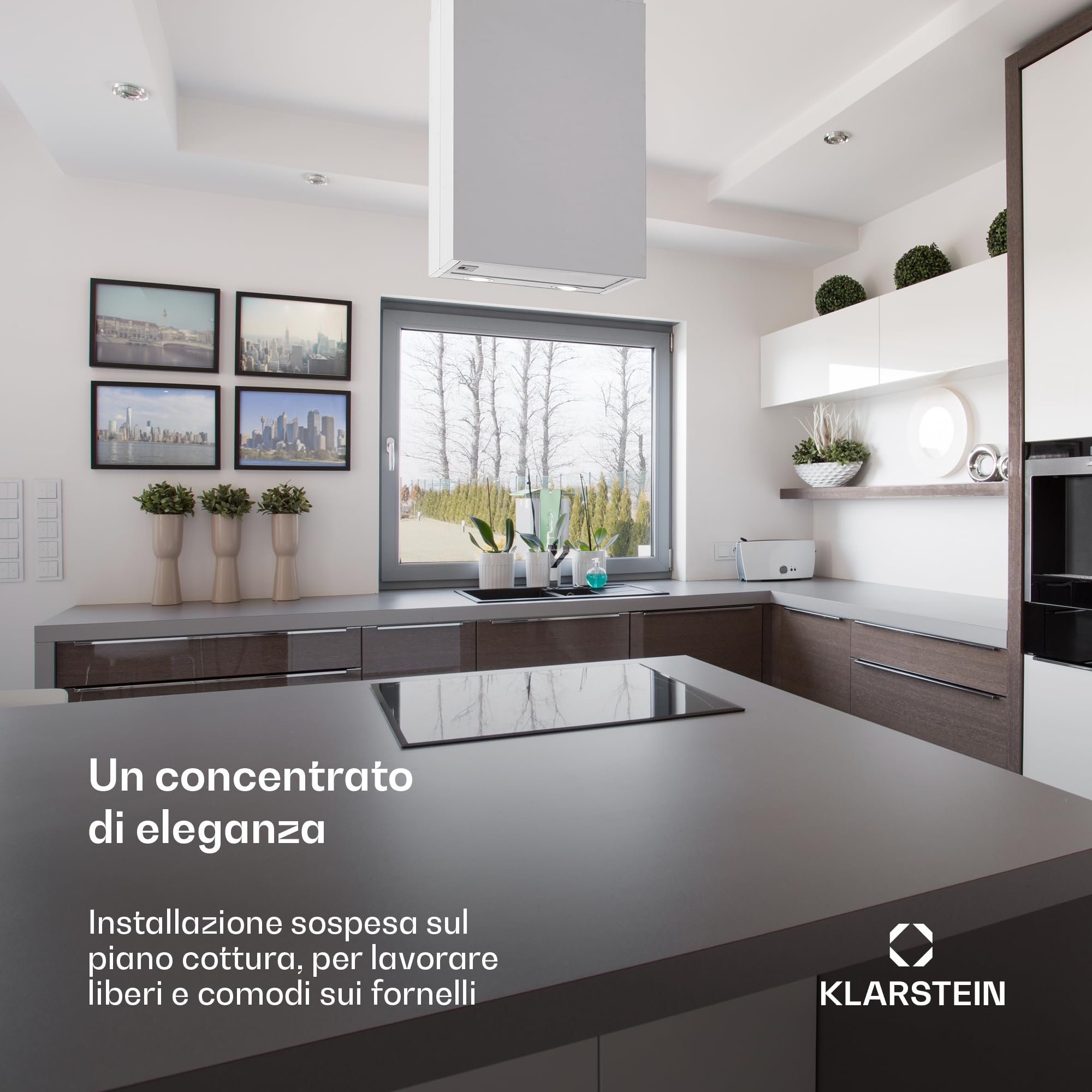 Klarstein Cappa Isola Sospesa, con Timer, Flusso d'Aria di 641m³/h, Cappa Sospesa per Isola Cucina con 3 Modalità e Filtri Antigrasso, Cappa Isola Sottopensile con Filtri a Carboni Attivi