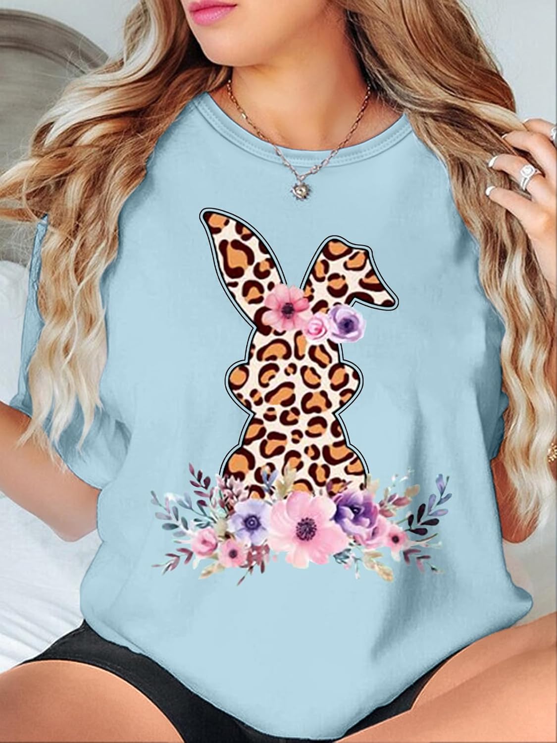 EUOW Easter Bunny Shirt for Women Cute Rabbit Graphic T Shirt Funny Short Sleeve Happy Easter Tee Tops - Image 2