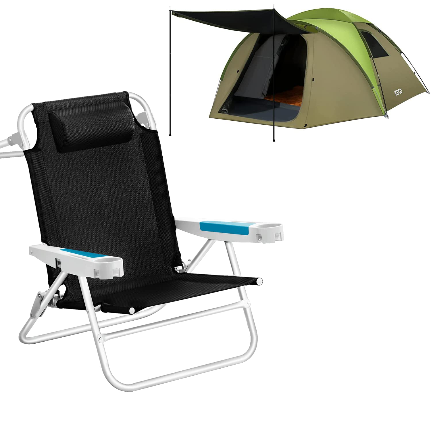 ICECO Beach Chair and Dark Room 4 Season Tent, Extra Large Camping Chair with Easy Setup Tent, Portable Camping Accessories for Beach Outdoor Camping Hiking Backpacking