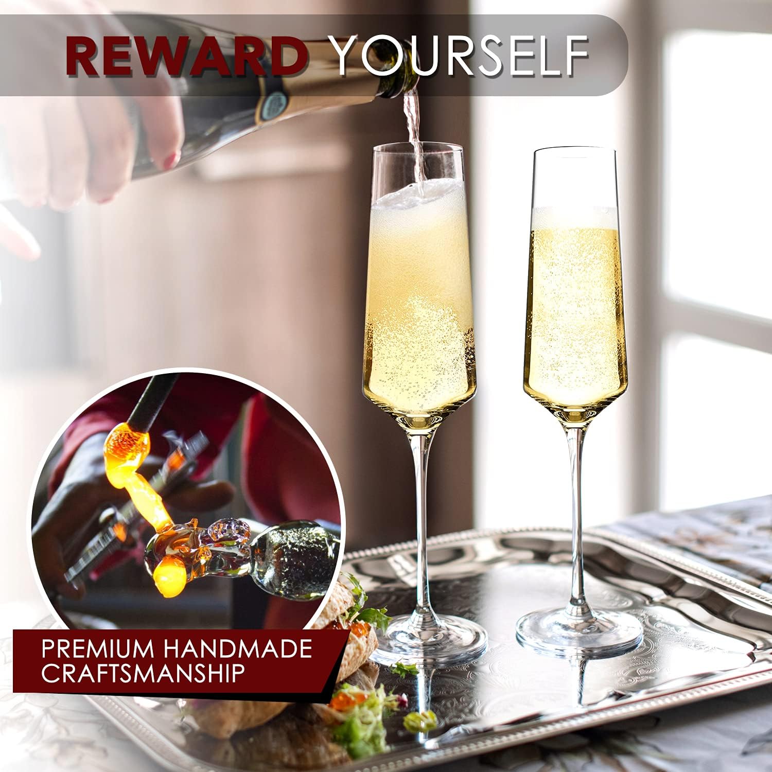 Generic Chouggo Champagne Flutes Set of 6 Hand Blown Crystal Champagne Glasses Hand Crafted by Artisans Premium Crystal Gift for Birthday 8oz Clear 6 Count Pack of 1 CG 01 - Image 2