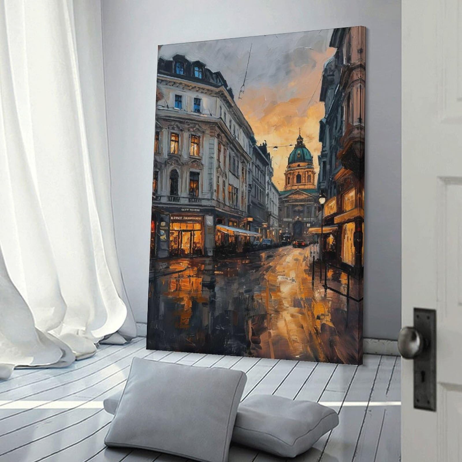 Junmoney Gran Via Nightlife Wall Art Print, 12x18inch(30x45cm), for Entrance Spaces, Stair Walls Or Halls, Home Artwork for First Impressions