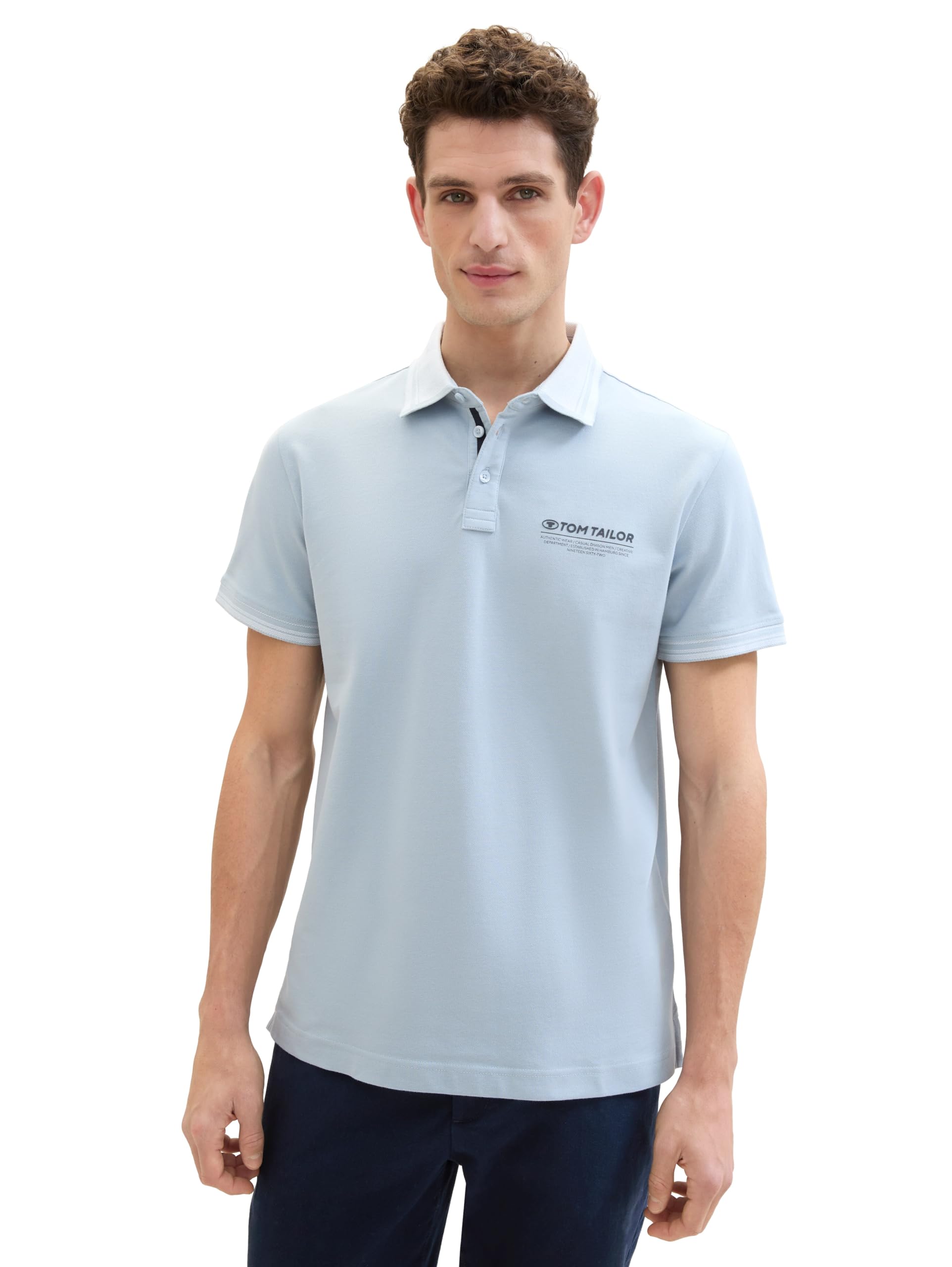 TOM TAILOR Herren Basic Piqué Poloshirt mit Logo-Print , Foggy Blue, L