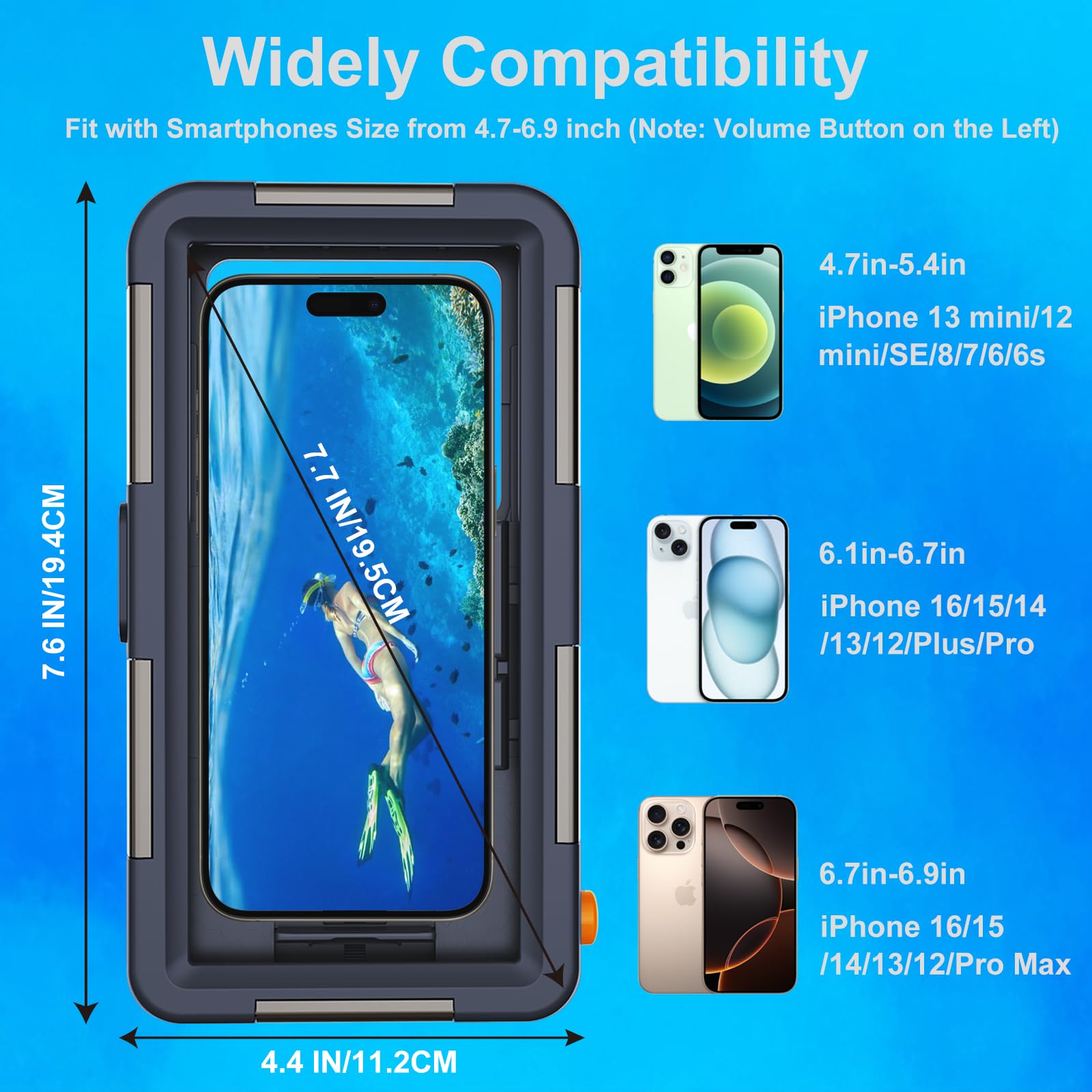 Unterwasser-Tauch-Handyhülle für iPhone 17/16/15/14/13 Pro Max, IP68, 15 m | 15 m tiefes Tauchen, stoßfest, staubdicht, mit Umhängeband, zum Schnorcheln, Tauchen, Schwimmen