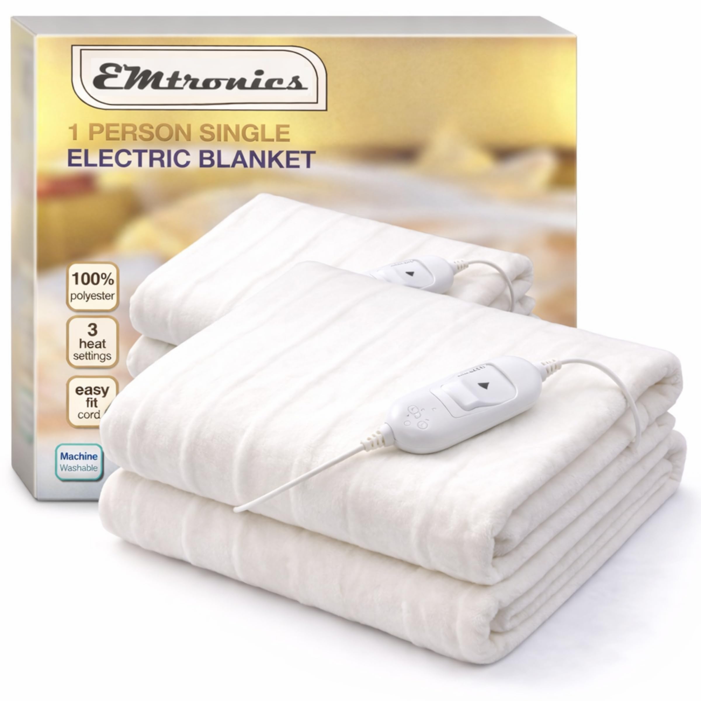 EMtronics Heated Electric Under Blanket Bed Warmer with 3 Heat Settings, Overheat Protection, Machine Washable - Single Size 135cm x 65cm