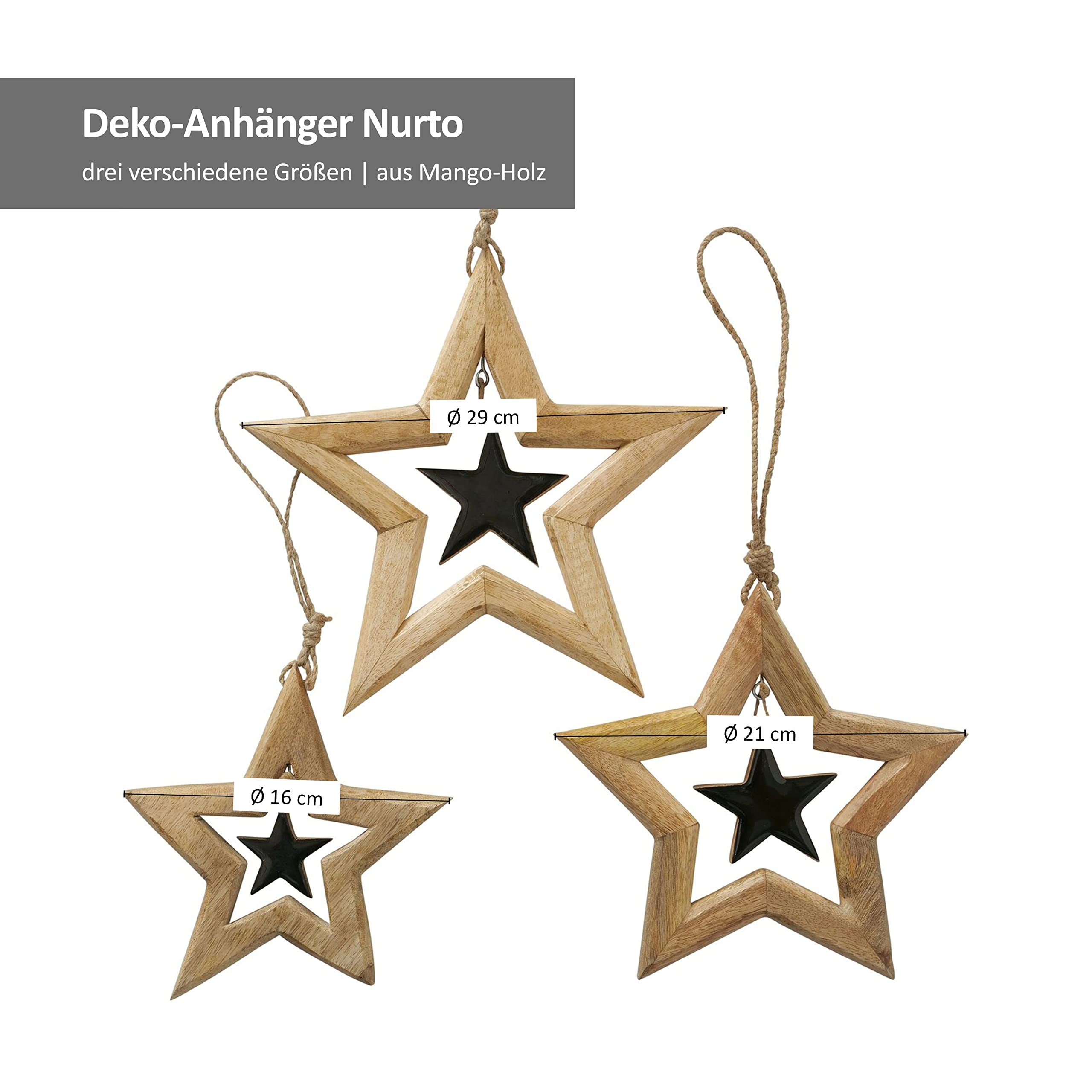 Set di 3 ciondoli Decorativi in Legno Nurto, a Forma di Stella, Diametro 16 cm, 21 cm e 29 cm, Decorazione Natalizia, Decorazione dell'Avvento, Accessorio per Finestra I X-mas