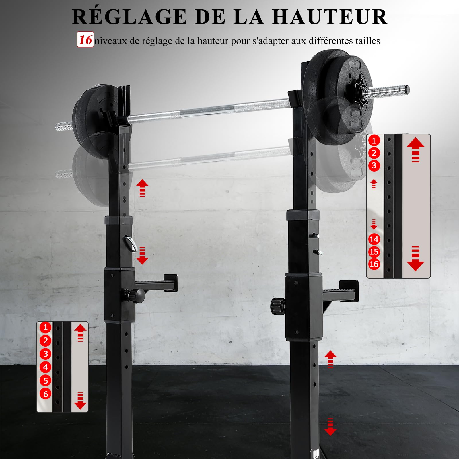 ISE Rack Musculation Multifonction, Squat Rack Adjustable, Rack Squat, Chandelle Musculation 16 Position Hauteur Réglable, Avec Support Barre Super Stabilité, Fitness à Domicile, Capacité Elevée 200KG