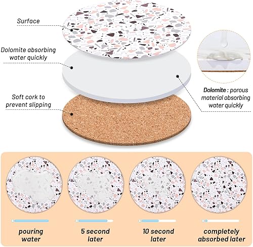 Vista 4 de Acejoz Posavasos con soporte, juego de 6, diseño de terrazo, cerámica, redondo, 4 pulgadas Patrón de terrazo