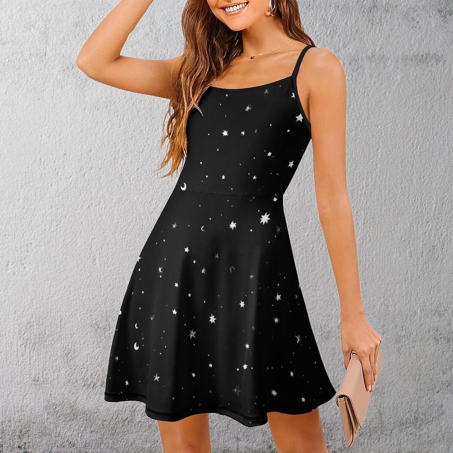 Black Universe Short Cami Dress for Women Adjustable Spaghetti Strap Flowy Sundress Beach Vacation