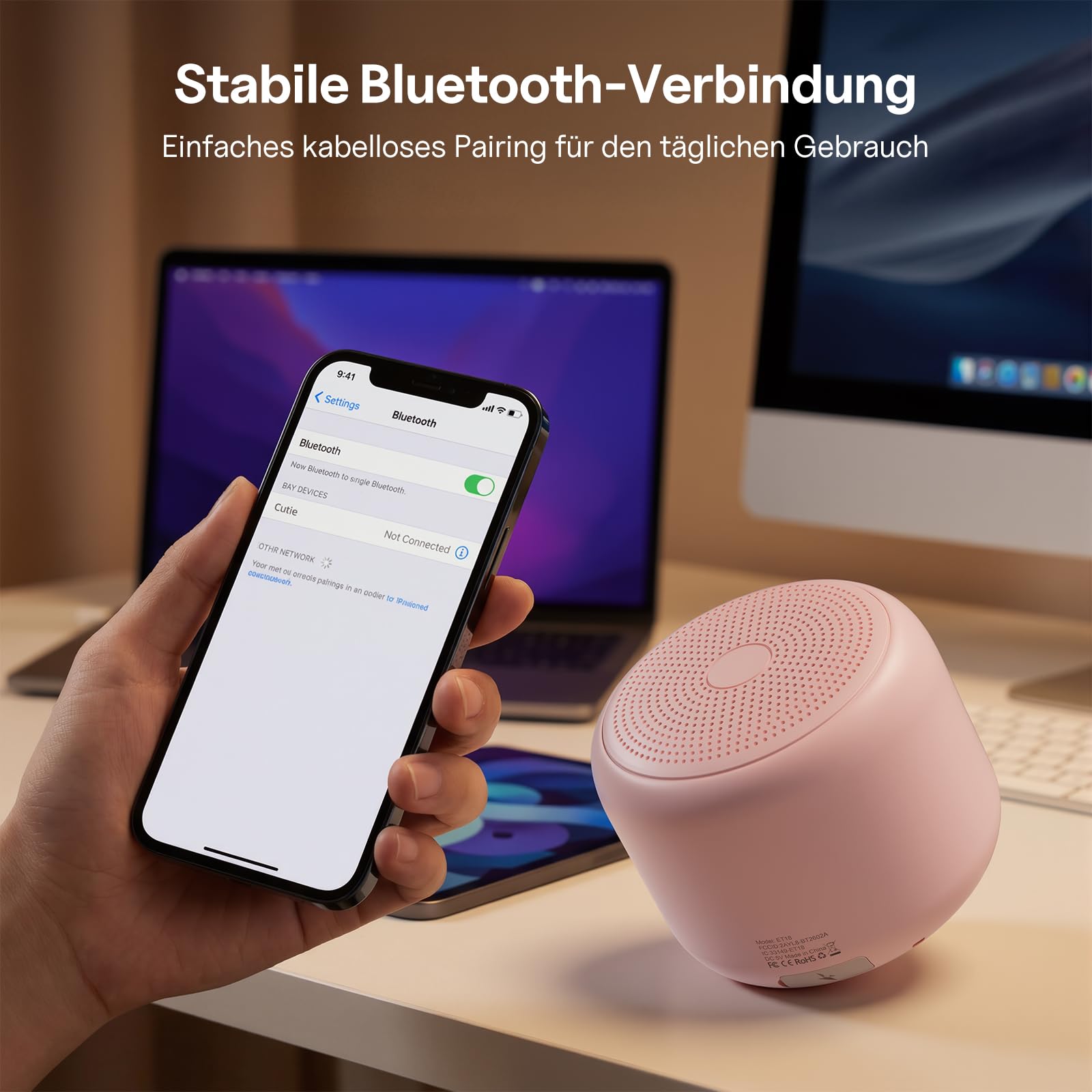 Bobtot Tragbare Bluetooth-Lautsprecher mit Trageband – Kabellos, Wasserdichter klein Lautsprecher mit kraftvollem Stereoklang, 15 Stunden Spielzeit, wiederaufladbar, Integriertes Mikrofon, Rosa