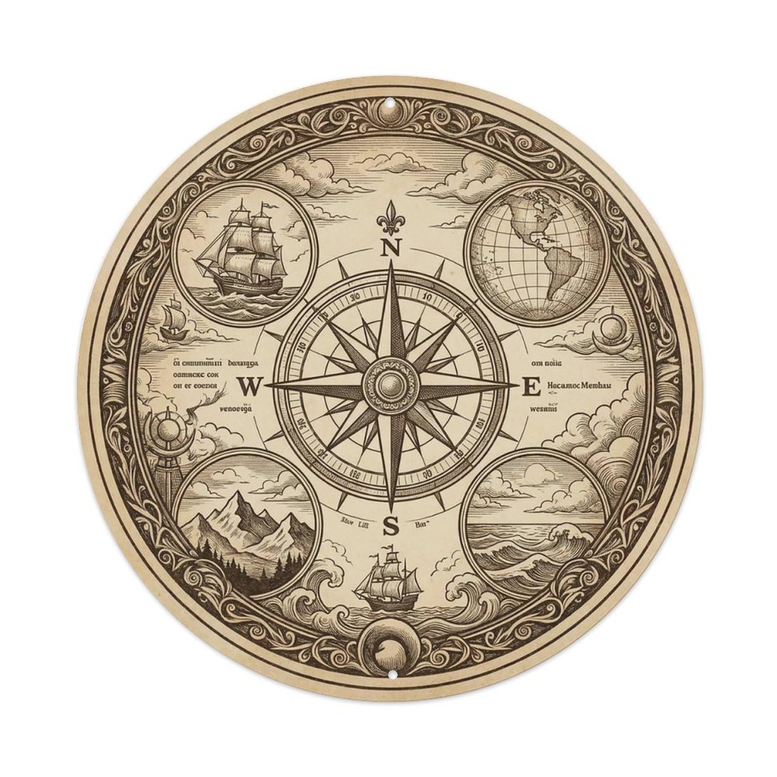 Vintage Nautical Compass World Map Hemisphere Guide Metal Tin Sign