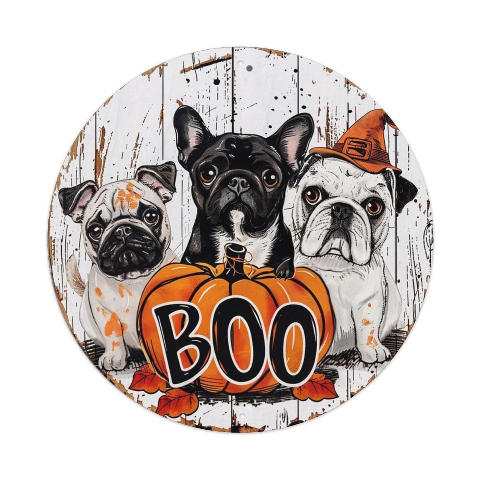 Three Pugs With Boo Pumpkin Tin Sign Metal Poster Vintage Metal Signs for Home Man Cave Bar Cafe Kitchen laundry room Wall Decorations 8x8 inches