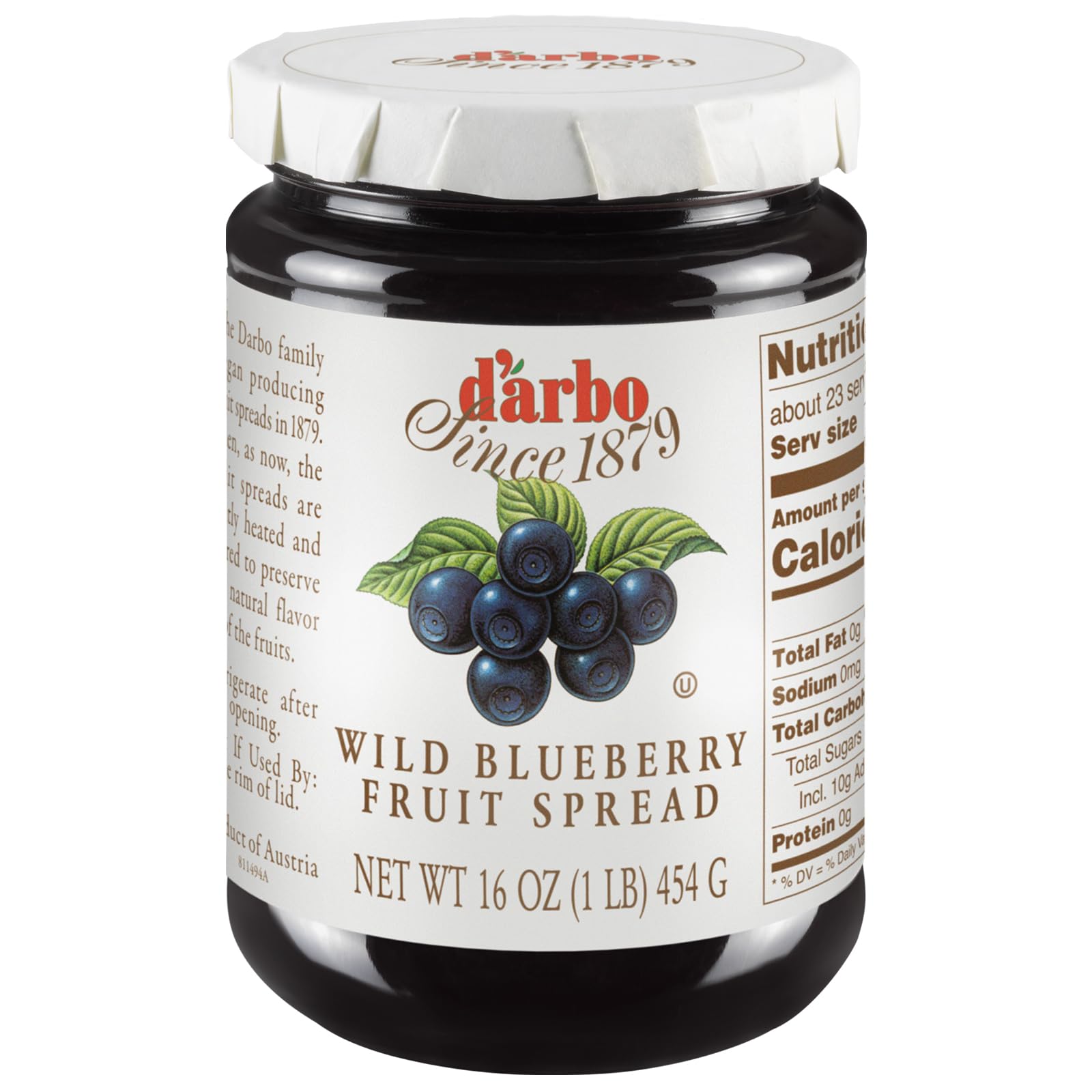 D’arbo All-Natural Wild Blueberry Fruit Spread, 16 oz | Crafted Tradition | Pure Fruit Flavor | No Artificial Preservatives—Ensuring a Naturally Sweet and Flavorful Spread.