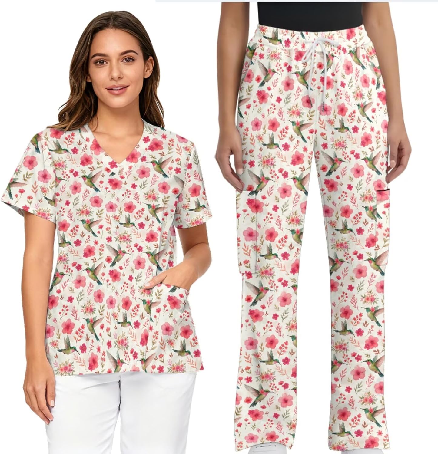 Women's Scrubs Set with Scrub Pants Cute Stretch V Neck Tops Soft Casual Nurse Uniform With Pocket Slim Fit