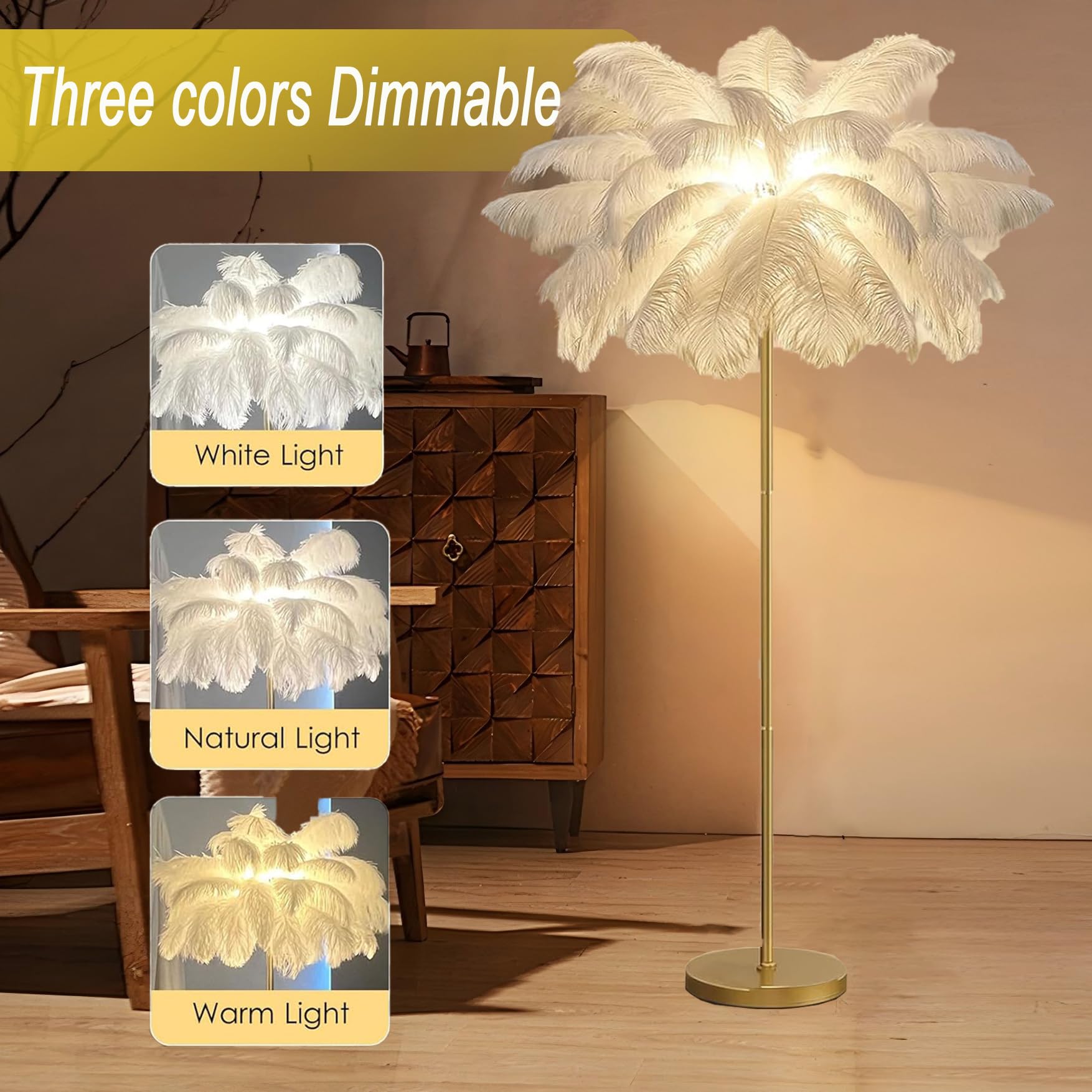 Federlampe Stehlampe aus Natürlichen Straußenfedern, 3-Farbig Dimmbarem | 160cm Hoch, für Wohnzimmer, Schlafzimmer, Lesen, Büro
