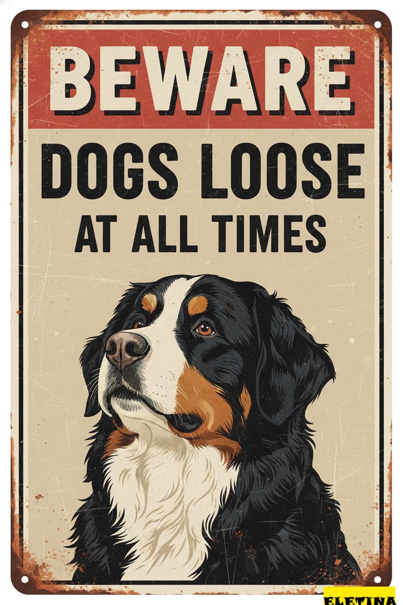 Beware Of Dogs Loose Bernese Mountain Tin Sign, 8x12 Inch
