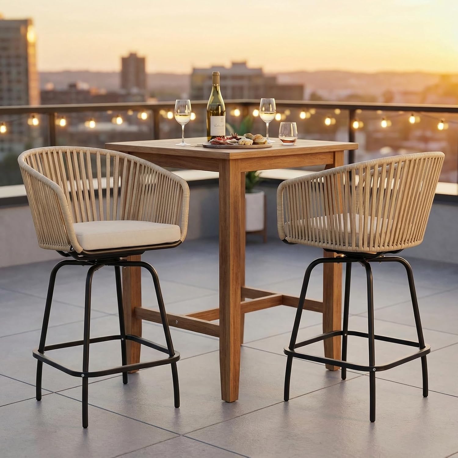 SWITTE Outdoor Swivel Bar Stools Set of 2, 26.8" Counter Height Patio Chairs with 360° Rotation & Removable Cushion, All-Weather Rattan Bar Height Chairs for Kitchen Balcony Pool Backyard - Cream