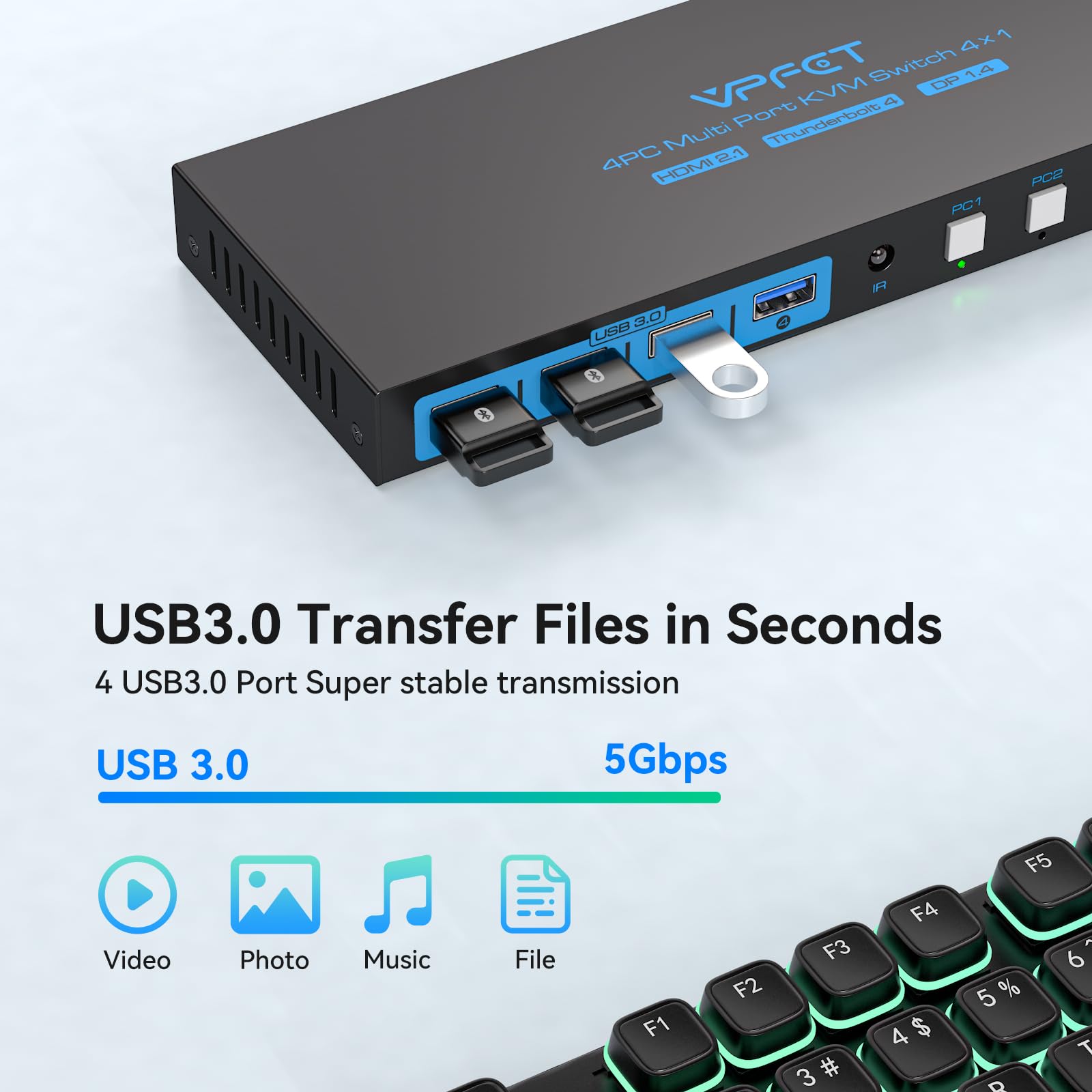 Interruptor KVM AILVLVNG 1 Monitor 4 Computadoras 4K144Hz Interruptor KVM de 4 Puertos para 4 PC Compartir un Solo Monitor y 4 Dispositivos USB 3.0, como Teclado, Ratón, Impresora, con Controlador