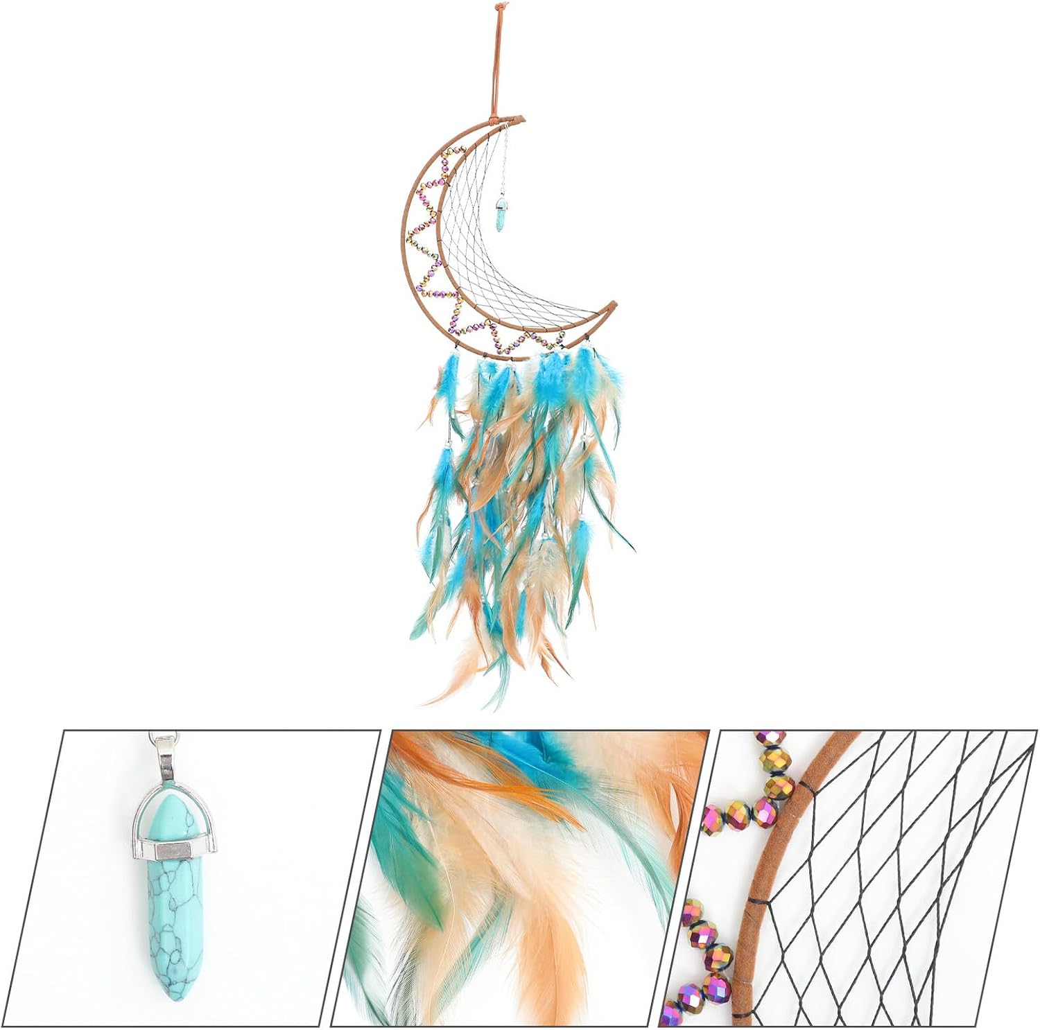 Alipis Handmade Moon Plume Dream Catcher Wall Hanging Pendant, Boho Macrame Dreamcatcher Craft for Bedroom Home Decor, Indoor Hanging Ornament