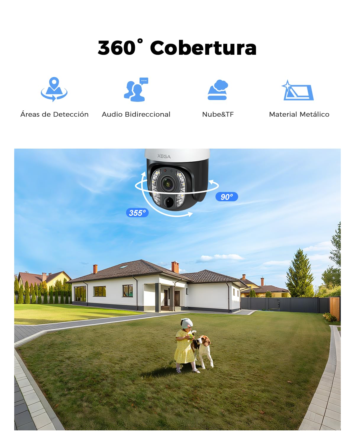Xega 5MP【10X Óptico Zoom】 4G LTE Cámara Vigilancia sin WiFi con Tarjeta SIM | 20W Panel Solar 30,000 mAh Batería Grabación 24/7 Exterior Detección Humana Visión Nocturna 100ft Audio Bidireccional
