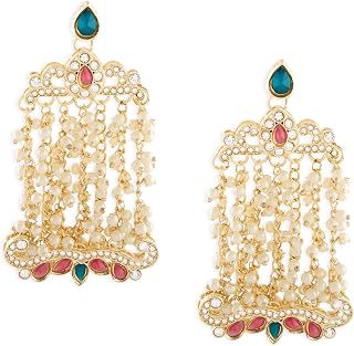 Zaveri Pearls Green & Pink Stones Embellished Clustered Pearls Chain Fringe Drop Earrings For Women-ZPFK17671 Price In India