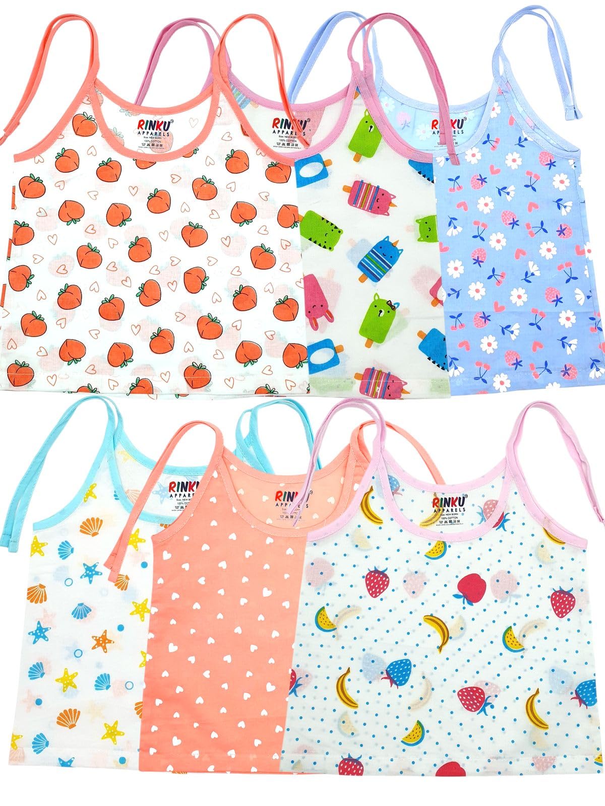 VIRTI MINI ME Baby Girls Cotton Camisole Vest Slip – Pack of 6 | Soft & Breathable Sleeveless Innerwear | Fun Printed Designs | Ideal for Summer (0-3 Month) Multicolour