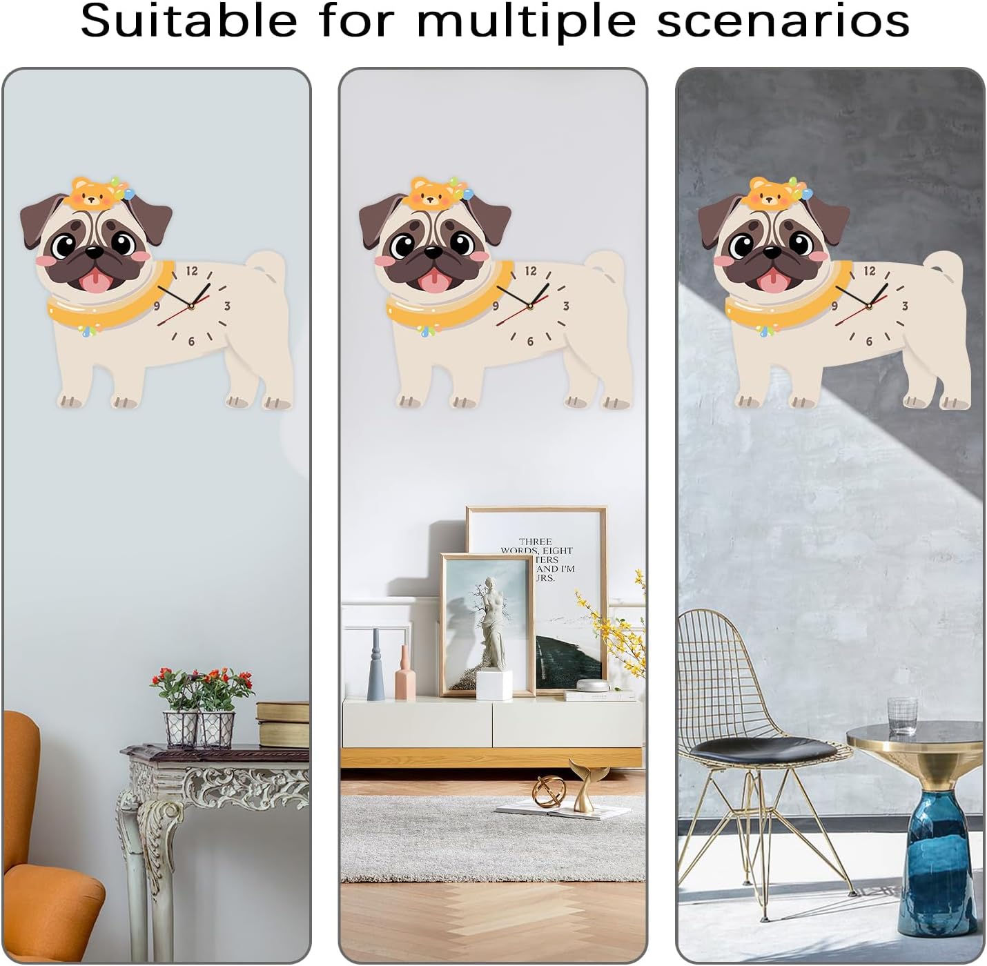 Dog Clock Funny Kids Wall Clock with Pendulum, Pug Dog Pendulum Wall Clock with Swing Leg Battery Operated Decorative for Dogs Lovers Gift Living Room Bedroom Kitchen Kids Room (15*13 Inch)