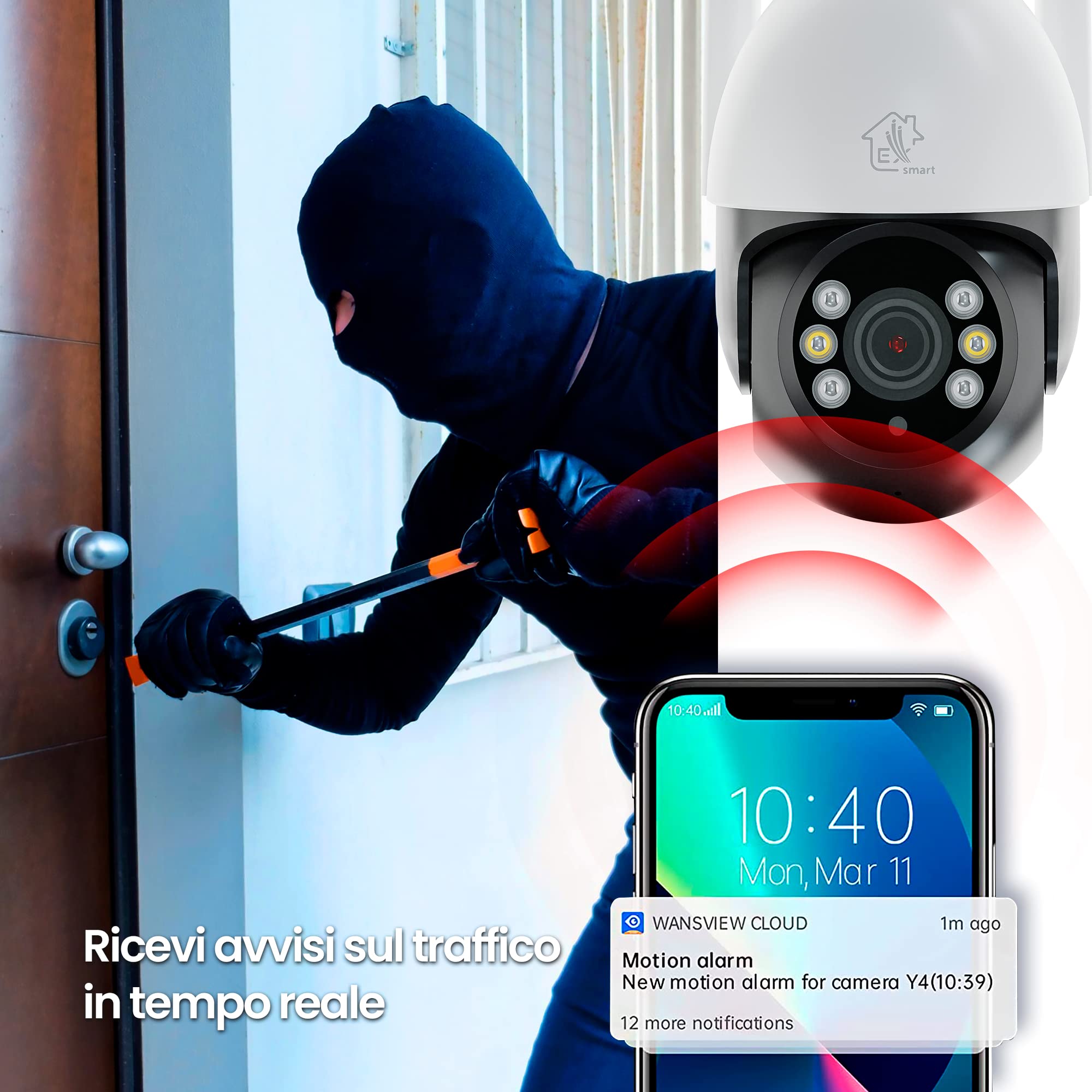 Videocamera sorveglianza esterno wifi, 1296p, PTZ, telecamera wifi esterno, IP65, Modalità notturna a colori, ampio angolo, camera wifi con tracciamento intelligente, scheda MicroSD fino a 128GB