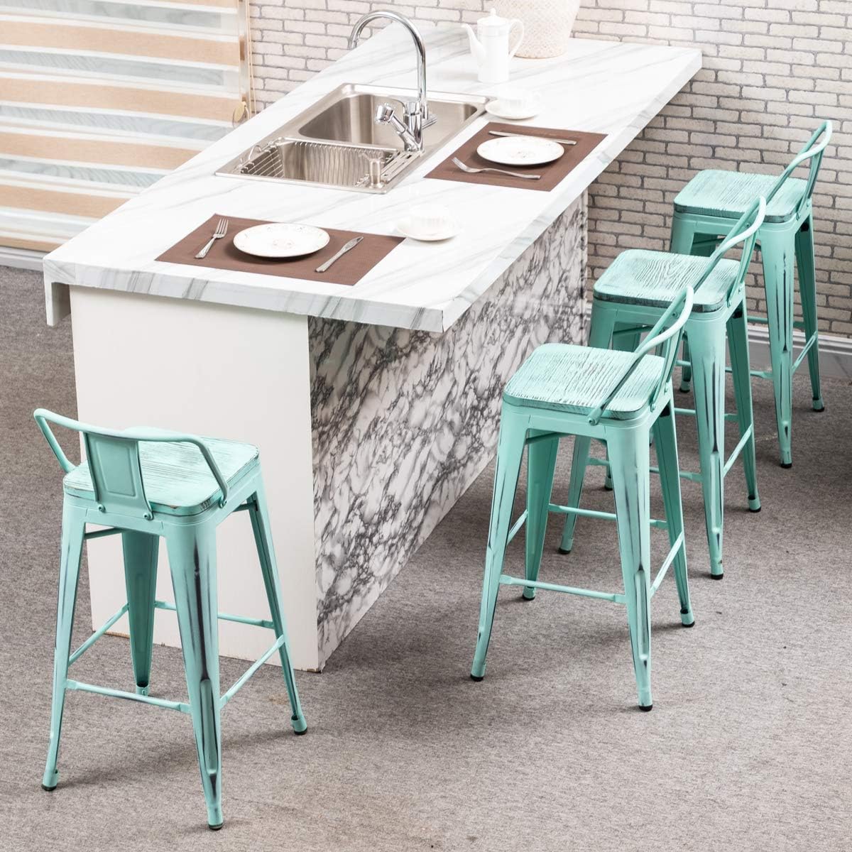 Yongchuang Metal Bar Stools with Back 30" Seat Height Counter Height Barstools Set of 4 (Wooden Top Low Back, Distressed Mint) : Home & Kitchen