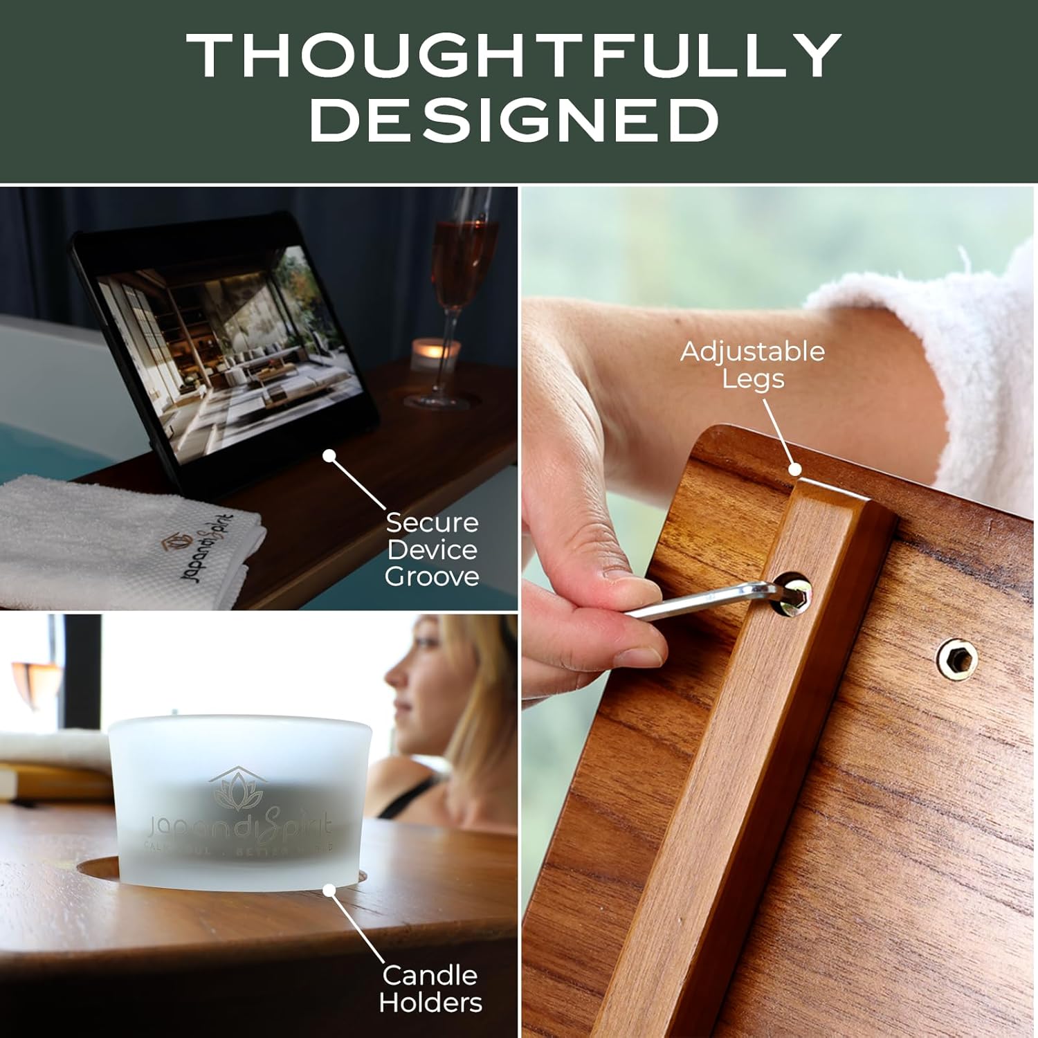 Grand Fjord | Teak Bathtub Tray for Large Soaking Tub | Extra Long 35” Luxury Bath Caddy for Freestanding Tubs | Minimalist Wooden Tub Tray with Candle Holders & Premium Towel by JapandiSpirit